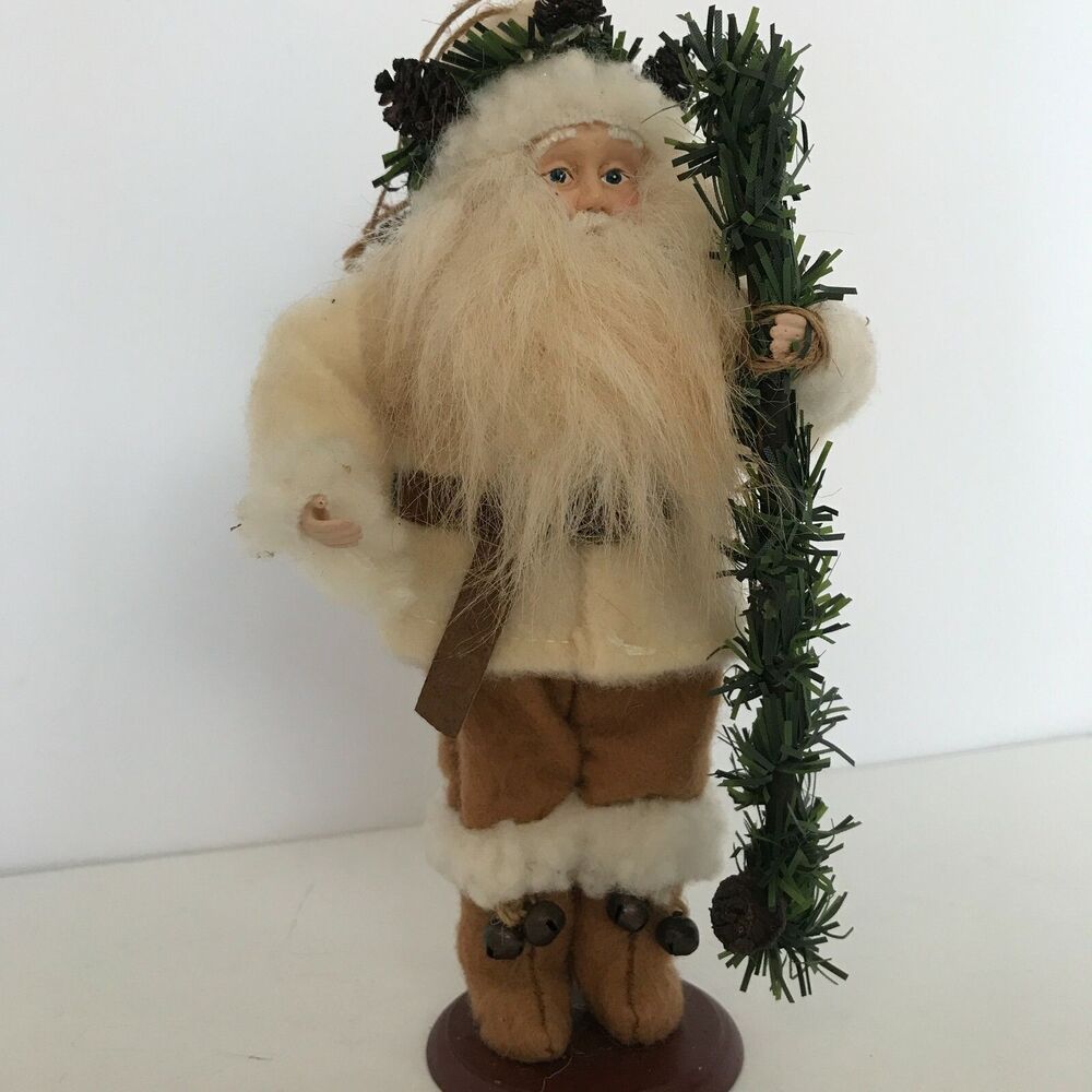 Woodland Santa Figurine 8" Ornament on Stand Tan Pants Boots Bag of Greens Gifts